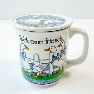 VTG Enson Style Country Cottage Style Geese w/ Bows Welcome Friends Mug w/ Cover